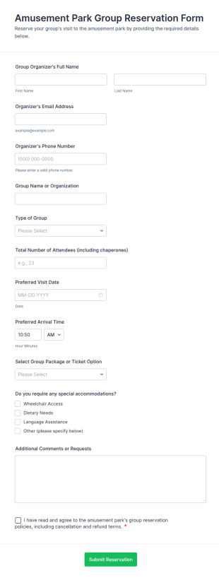 Amusement Park Group Reservation Form Template