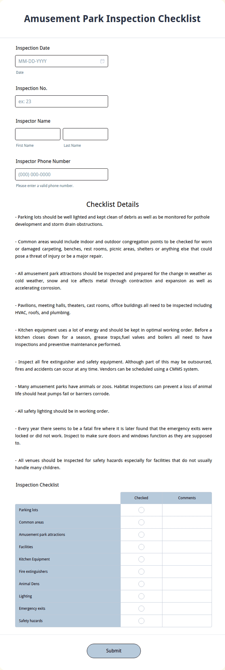 Amusement Park Inspection Checklist Form Template | Jotform