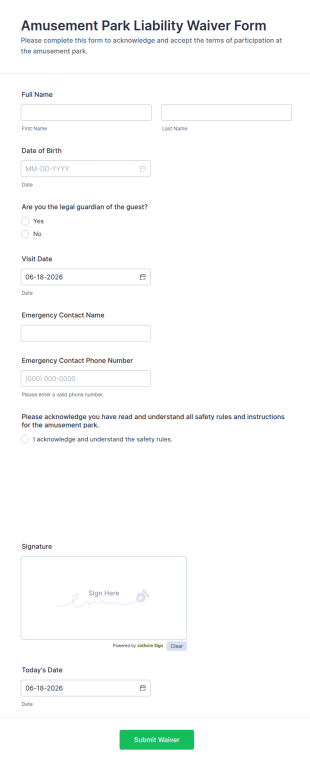 Amusement Park Liability Waiver Form Template