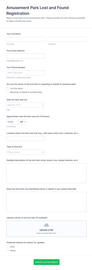 Amusement Park Lost And Found Registration Form Template