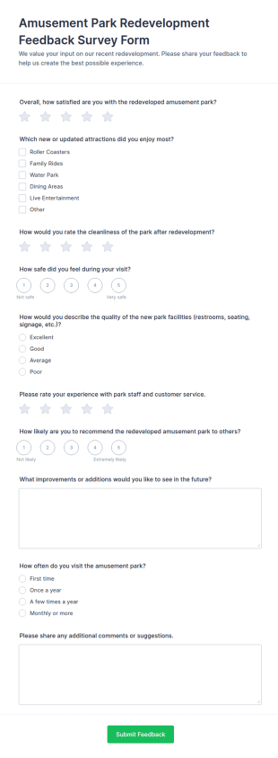Amusement Park Redevelopment Feedback Survey Form Template
