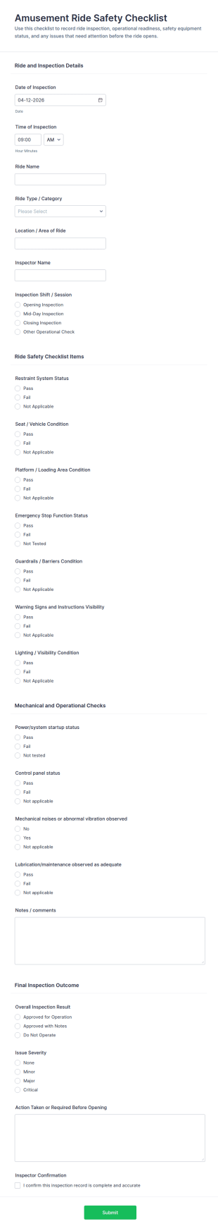 Amusement Ride Safety Checklist Form Template