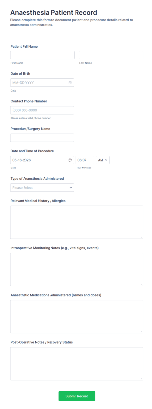 Anaesthesia Patient Record Form Template
