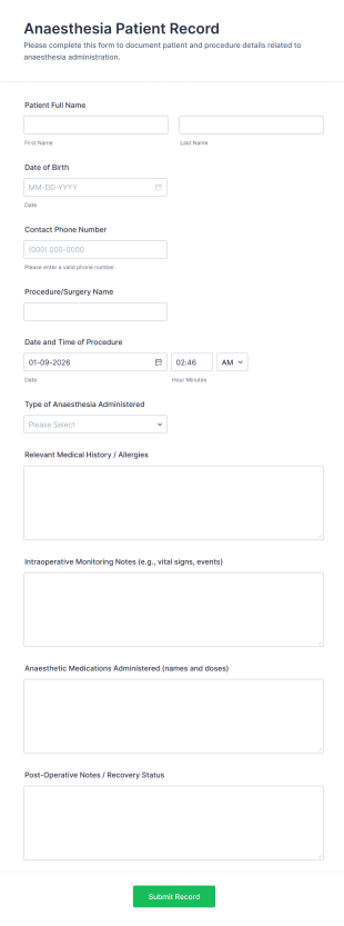 Anaesthesia Patient Record Form Template