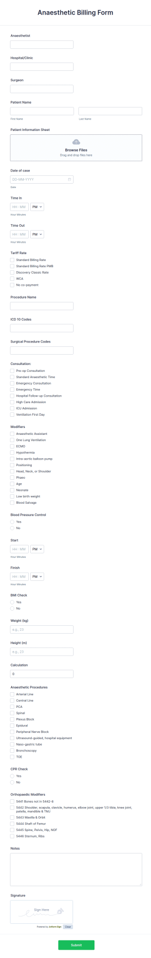 Anaesthetic Billing Form Template