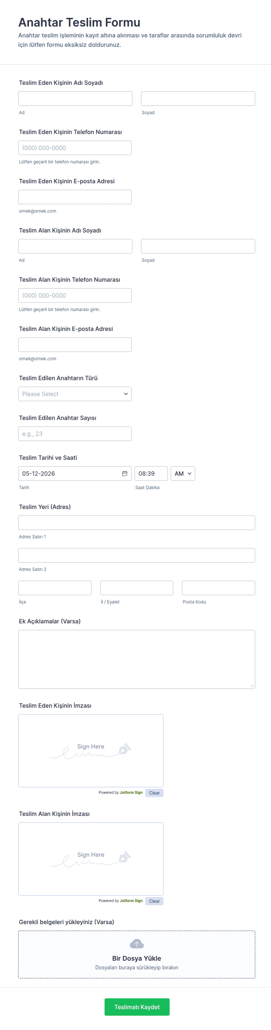 Anahtar Teslim Form Şablonu | Jotform