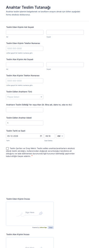Anahtar Teslim Tutanağı Form Şablonu