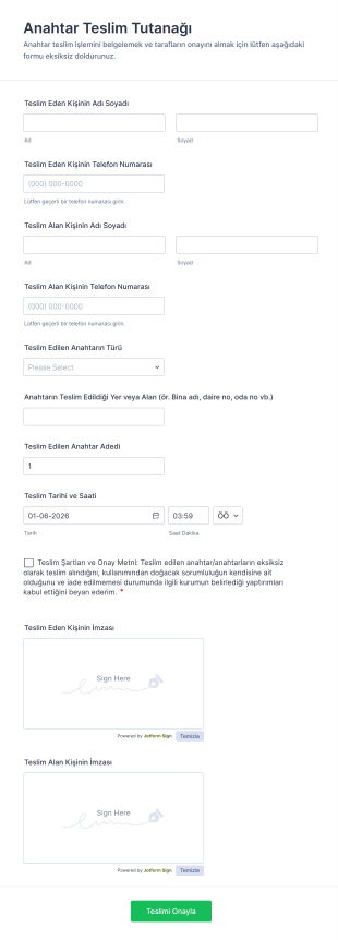 Anahtar Teslim Tutanağı Form Şablonu