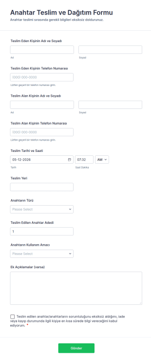 Anahtar Teslim Ve Dağıtım Form Şablonu