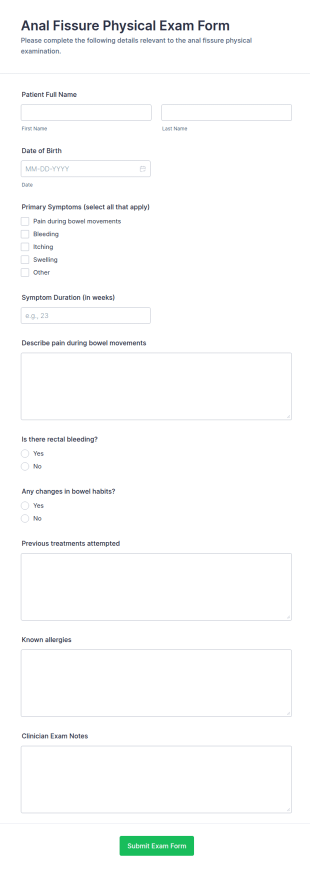 Anal Fissure Physical Exam Form Template