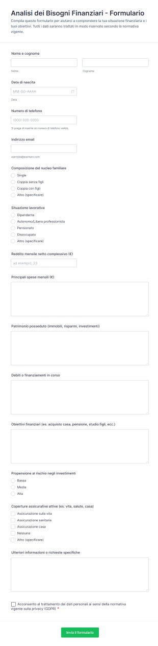 Analisi Dei Bisogni Finanziari Formulario