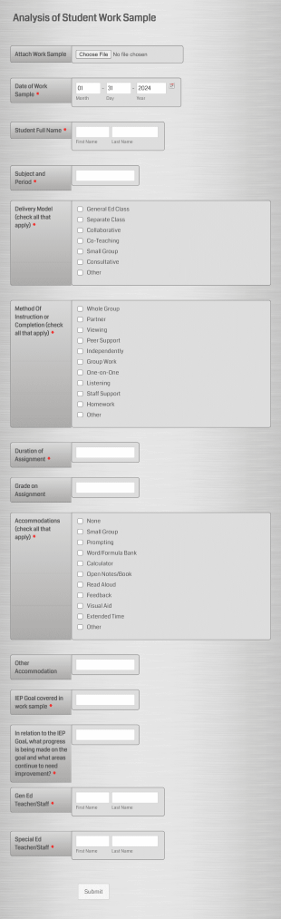 Analysis Of Student Work Sample Form Template