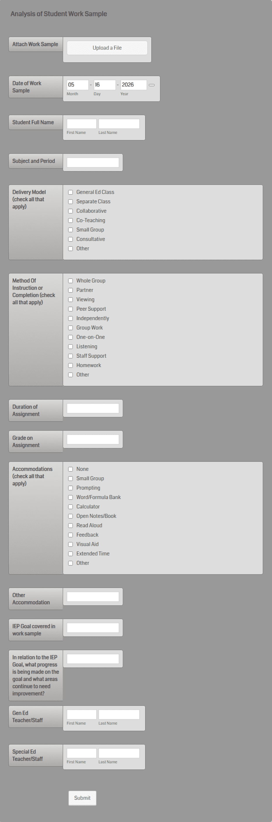 Analysis of Student Work Sample Form Template | Jotform