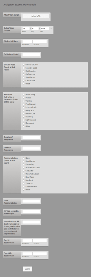 Analysis Of Student Work Sample Form Template
