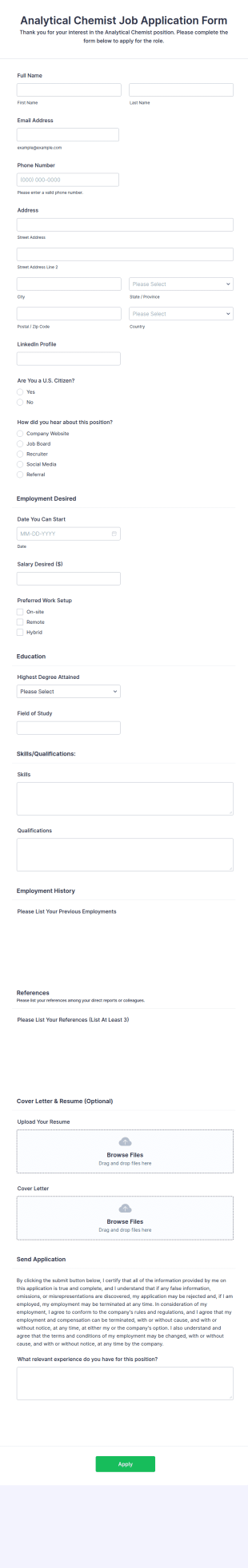 Analytical Chemist Job Application Form Template