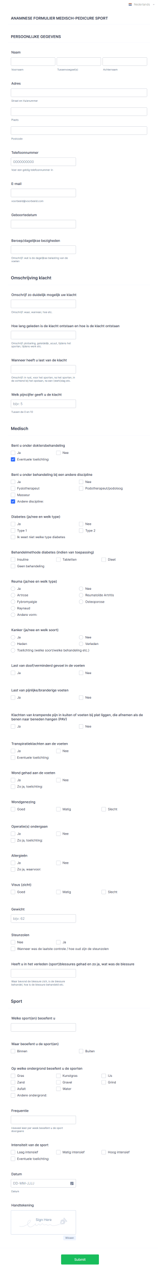 Anamnese Formulier Pedicure Sport Form Template