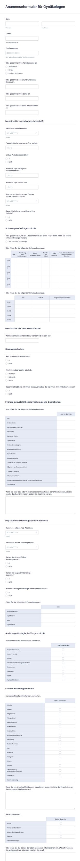 Anamneseformular Für GynäkologenFormular