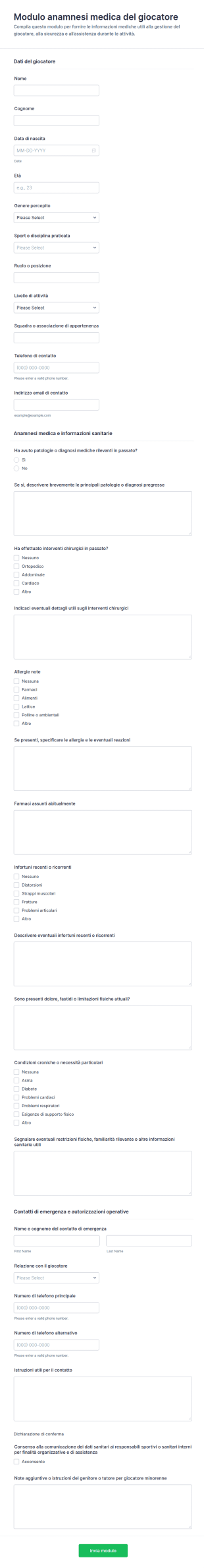 Anamnesi Sanitaria Del Giocatore Questionario