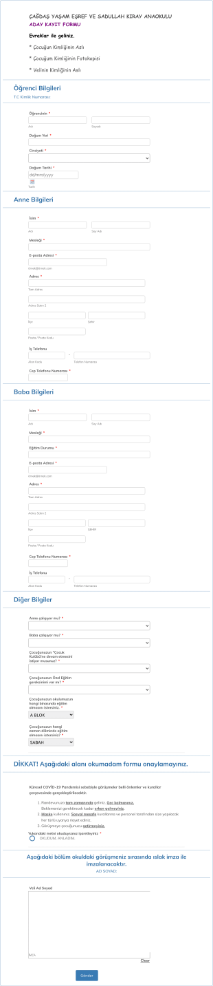 Anaokulu Aday Kayıt Form Template