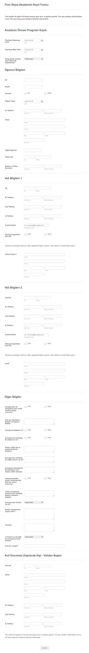 Anaokulu Kayıt Form Template
