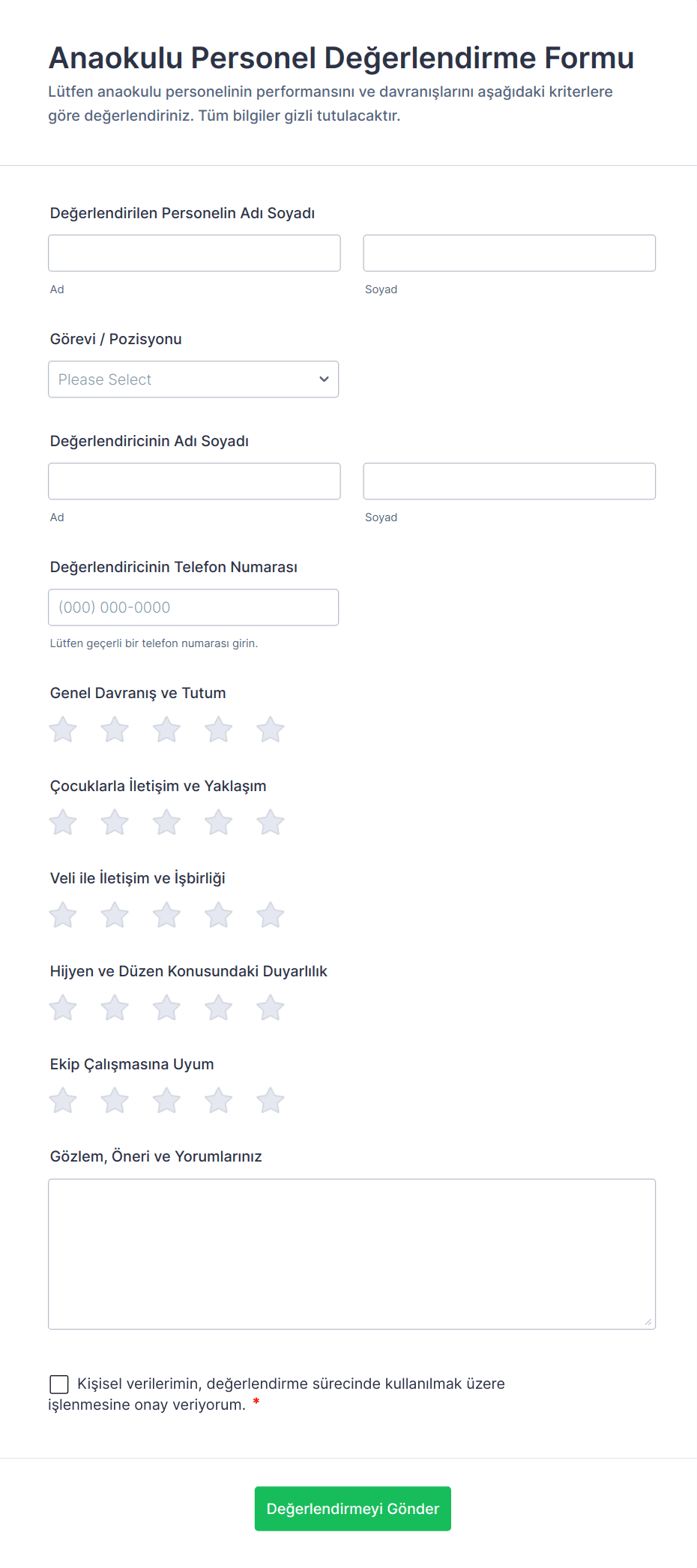 Anaokulu Personel Değerlendirme Form Şablonu | Jotform