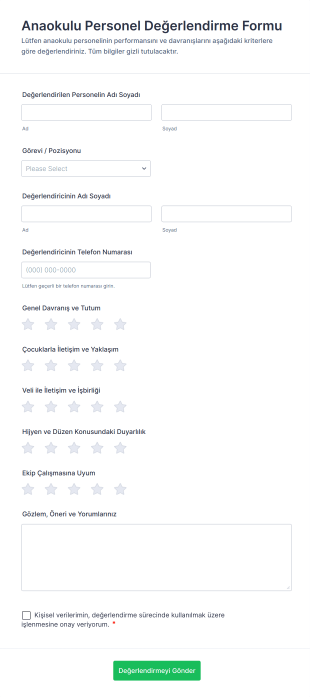 Anaokulu Personel Değerlendirme Form Şablonu