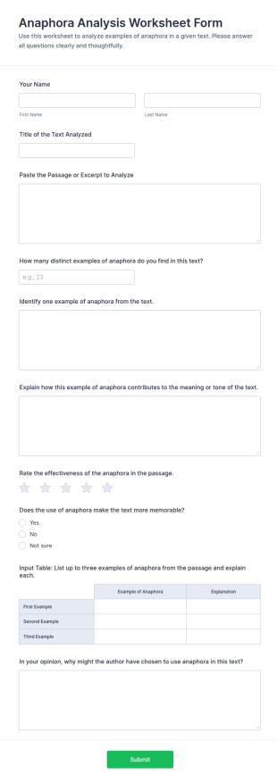 Anaphora Analysis Worksheet Form Template