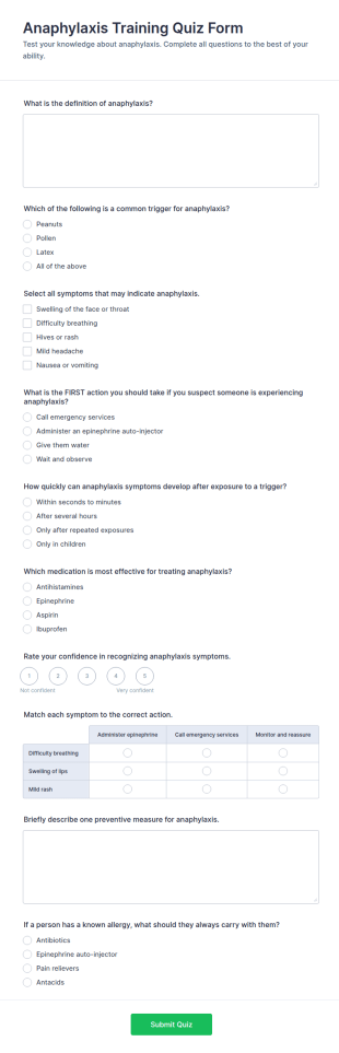 Anaphylaxis Training Quiz Form Template