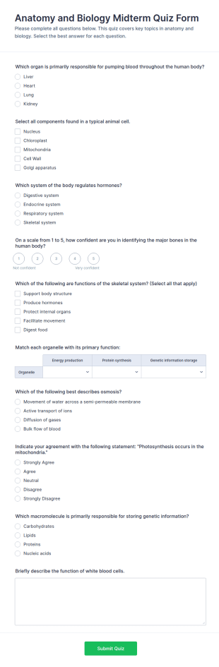 Anatomy And Biology Midterm Quiz Form Template