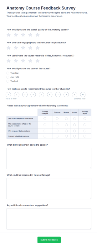Anatomy Course Feedback Survey Form Template