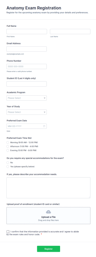 Anatomy Exam Registration Form Template