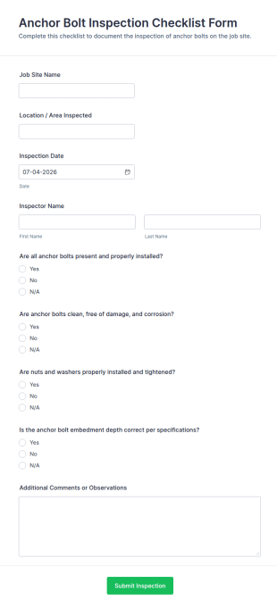 Anchor Bolt Inspection Checklist Form Template