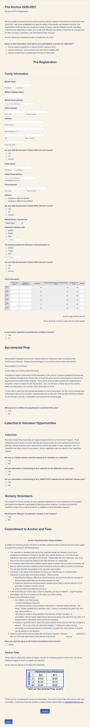 Anchor Class Registration Form Template