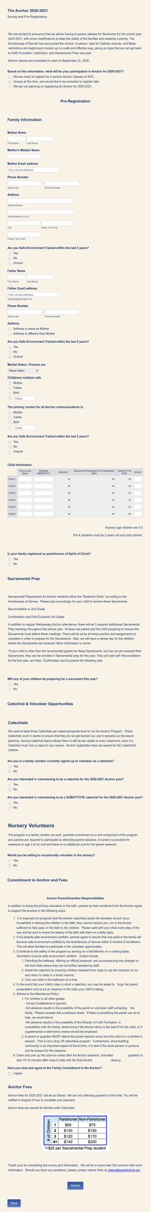 Anchor Class Registration Form Template