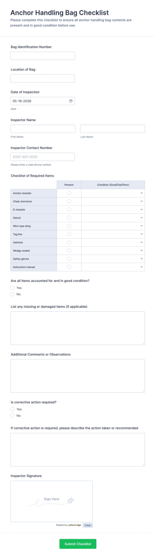 Anchor Handling Bag Checklist Form Template