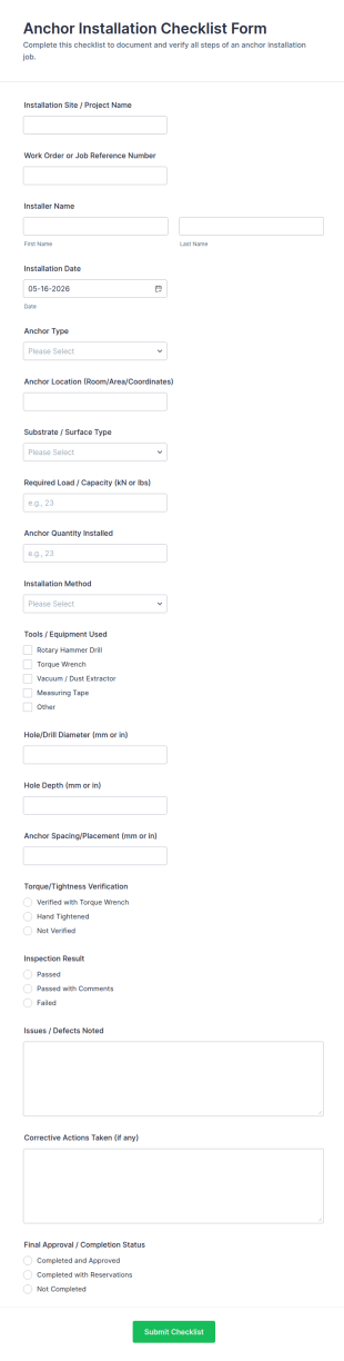 Anchor Installation Checklist Form Template