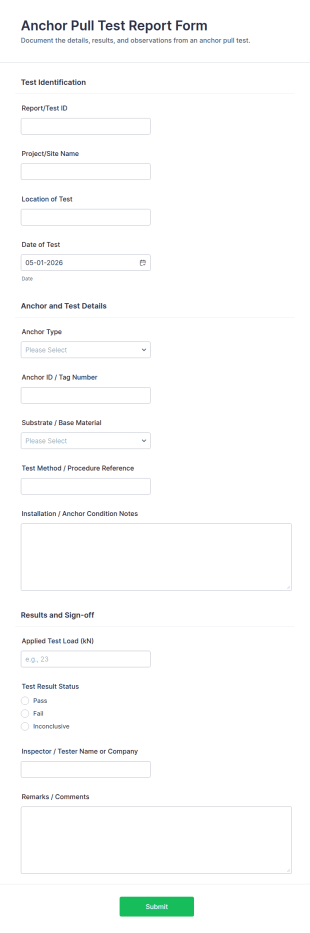 Anchor Pull Test Report Form Template