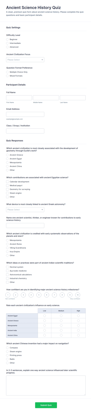 Ancient Science History Quiz Form Template