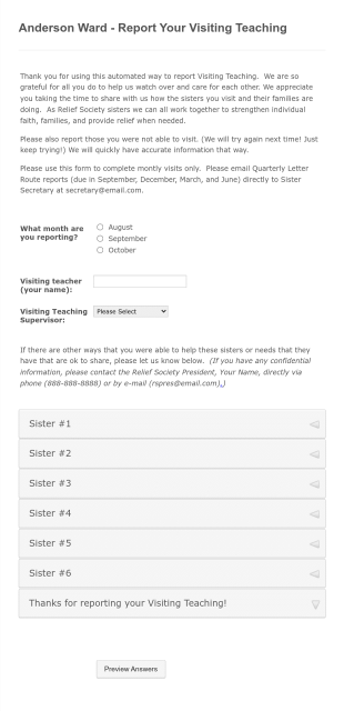 Anderson Ward Report Your Visiting Teaching 2 Form Template