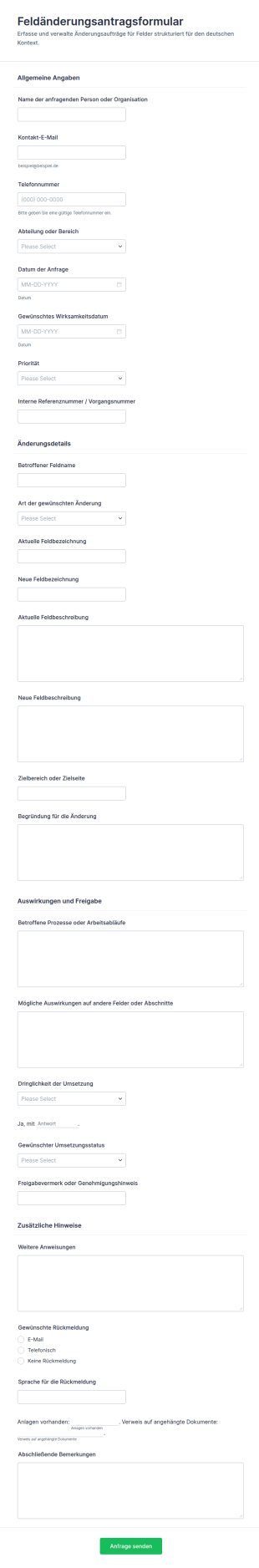 Änderungsantrag Für Feldanpassungen Formular