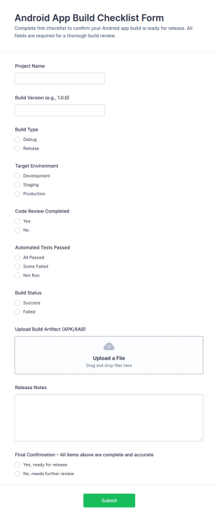 Android App Build Checklist Form Template