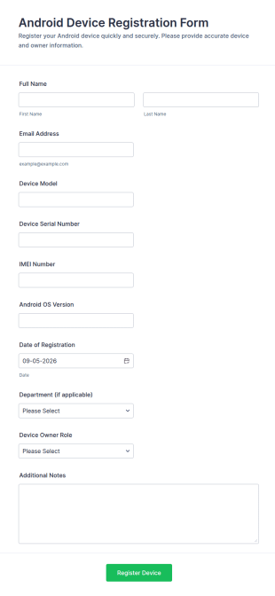 Android Device Registration Form Template
