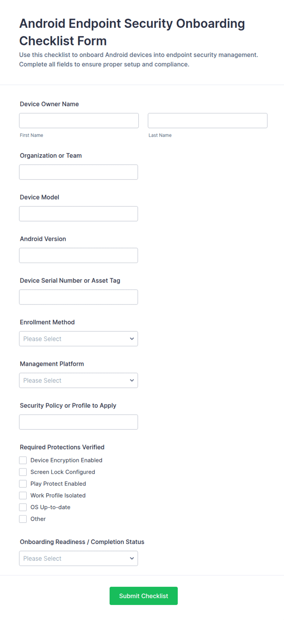 Android Endpoint Security Onboarding Checklist Form Template | Jotform