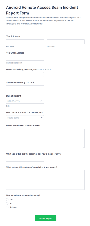 Android Remote Access Scam Incident Report Form Template