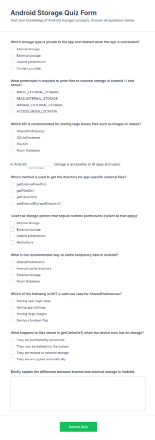 Android Storage Quiz Form Template