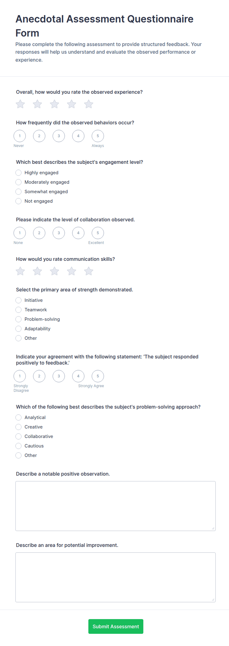 Anecdotal Assessment Questionnaire Form Template | Jotform
