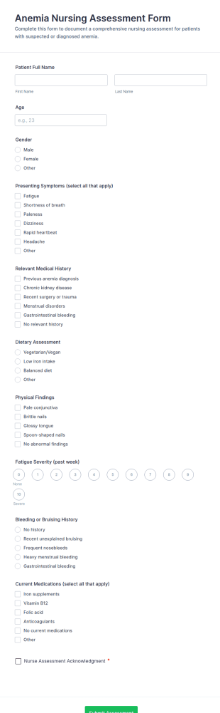 Anemia Nursing Assessment Form Template