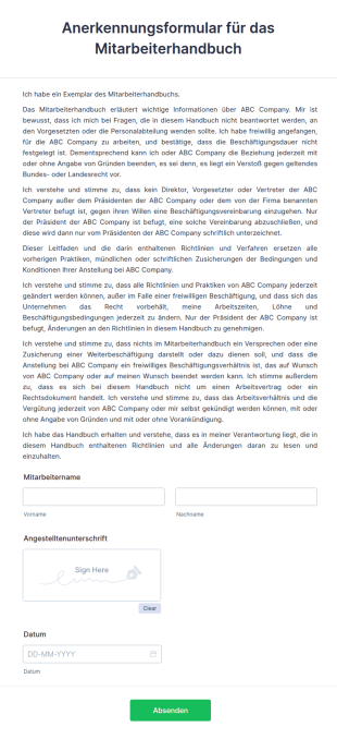 Anerkennungsformular Für Das Mitarbeiterhandbuch