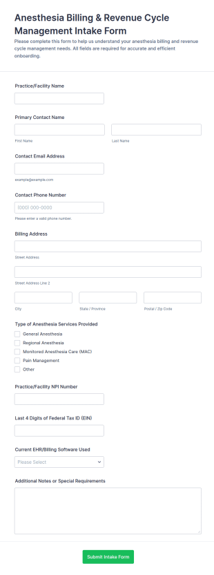 Anesthesia Billing & Revenue Cycle Management Intake Form Template