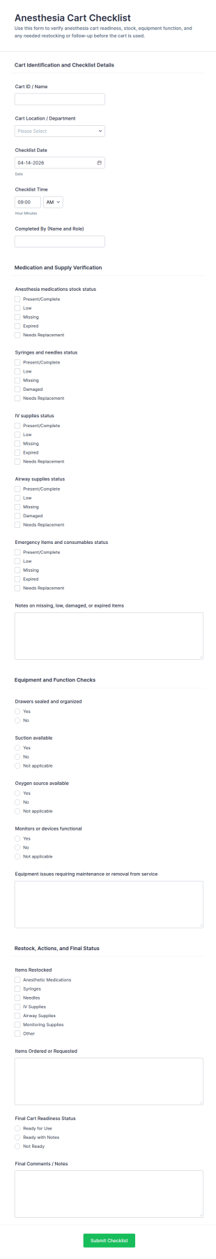 Anesthesia Cart Checklist Form Template